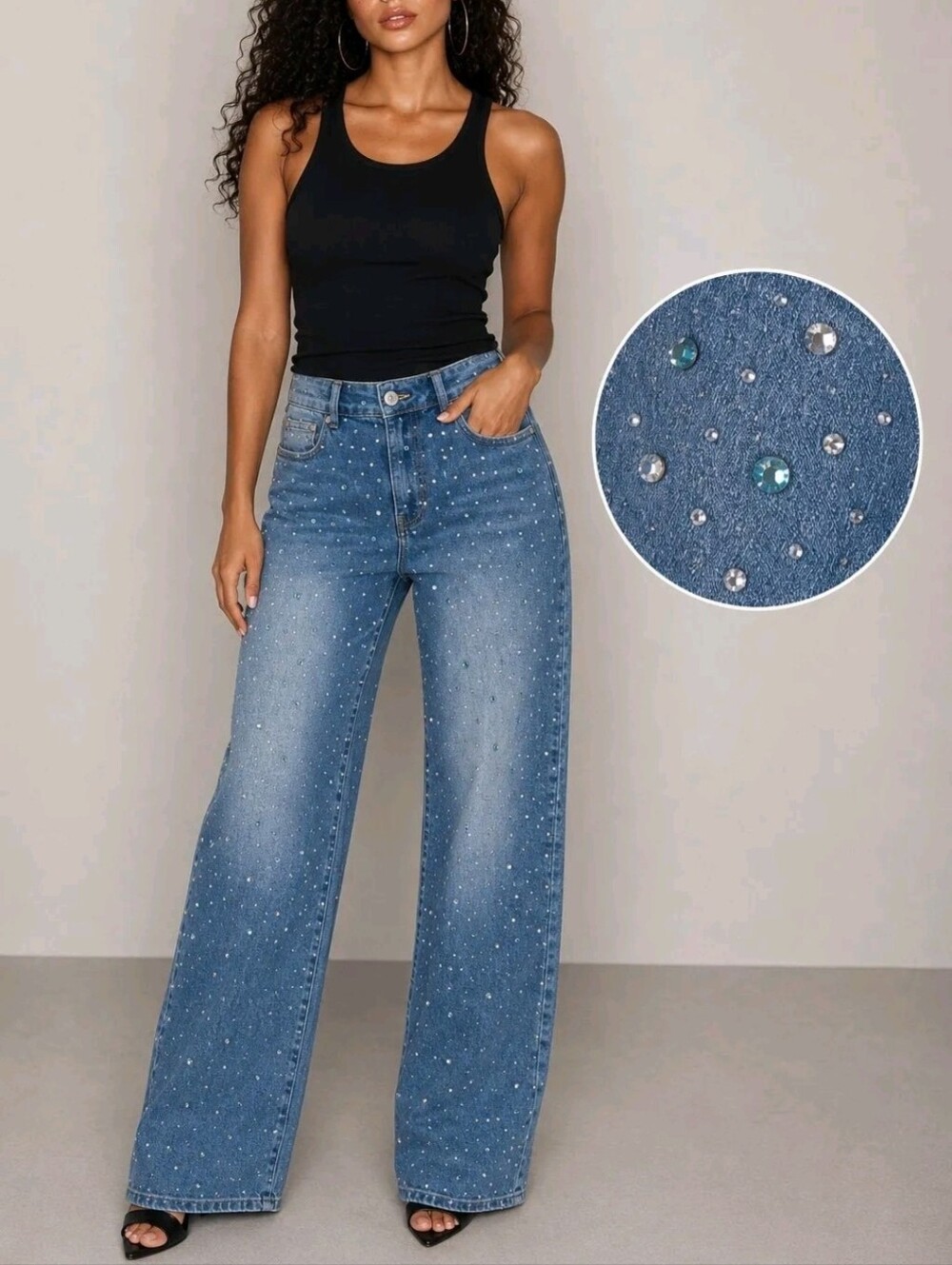 Luxury Jeweled Jeans Wide-Leg Crystal Embellishments High-Rise Size 27/33